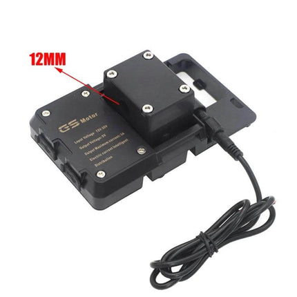 Universal Motorcycle Phone Holder with USB Charger Bracket shown mounted on black base with 12mm measurement and attached charging cable