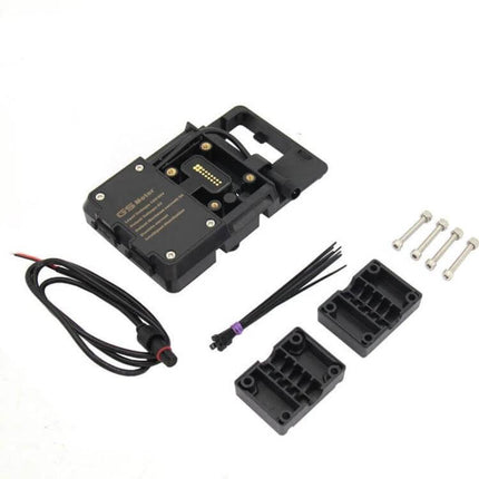 Universal Motorcycle Phone Holder with USB Charger Bracket showing mount base, wiring cable, adapter blocks and mounting screws