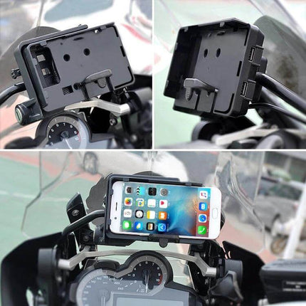Universal Motorcycle Phone Holder with USB Charger Bracket mounted on handlebars showing phone in place and USB ports