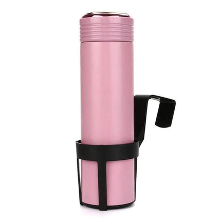 Versatile Universal Car Cup Holder for Secure Drink Storage - black ABS holder with pink travel tumbler, fits mugs bottles cans, spill-resistant car accessory
