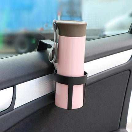Versatile Universal Car Cup Holder for Secure Drink Storage showing a pink travel mug held securely on a car door by durable ABS cup holder