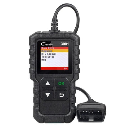 Essential Launch Tool for Home Vehicle Maintenance and Checks - handheld OBD2 scanner showing menu and OBD connector