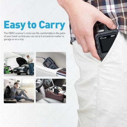 Essential Launch Tool for Home Vehicle Maintenance and Checks handheld OBD2 scanner being placed in a pocket for easy transport