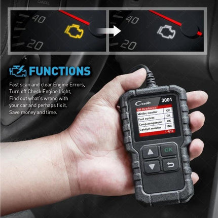 Essential Launch Tool for Home Vehicle Maintenance and Checks handheld OBD2 scanner clearing check engine light and showing emission system status