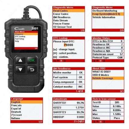 Essential Launch Tool for Home Vehicle Maintenance and Checks - handheld OBD2 scanner displaying EVAP, DTC lookup and readiness menus