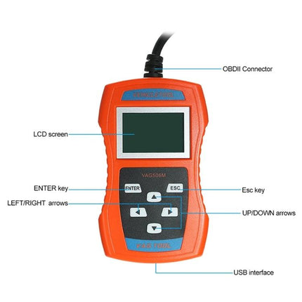 Essential Device for Everyday Car Maintenance and Troubleshooting handheld OBDII code reader showing LCD, ENTER, ESC, arrows, USB interface