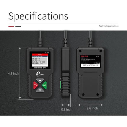 YA101 Code Reader for Everyday Vehicle Maintenance Checks showing front, side, back with dimensions 4.8x2.6x0.8 inches