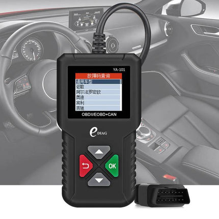 YA101 Code Reader for Everyday Vehicle Maintenance Checks - handheld OBD2 scanner plugged into car dashboard for basic diagnostics