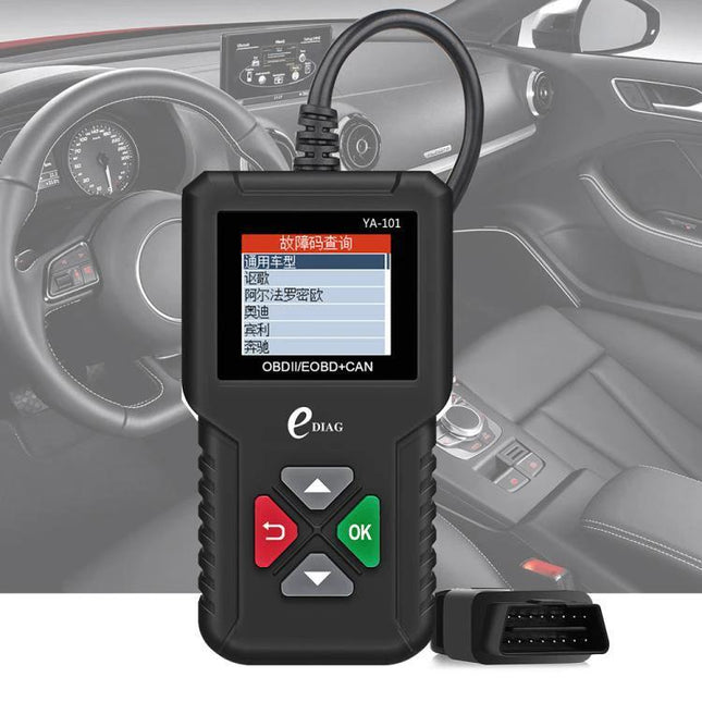 YA101 Code Reader for Everyday Vehicle Maintenance Checks - handheld OBD2 scanner plugged into car dashboard for basic diagnostics