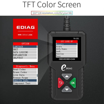 YA101 Code Reader for Everyday Vehicle Maintenance Checks handheld OBD2 scanner with TFT color screen showing diagnostic menu