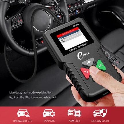 YA101 Code Reader for Everyday Vehicle Maintenance Checks handheld OBD2 scanner plugged into car dashboard for reading fault codes