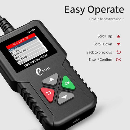 YA101 Code Reader for Everyday Vehicle Maintenance Checks handheld OBD2 diagnostic showing menu and operation buttons