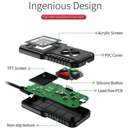 YA101 Code Reader for Everyday Vehicle Maintenance Checks exploded view showing acrylic screen, PVC cover, TFT screen, silicone button, lead-free PCB and non-slip texture