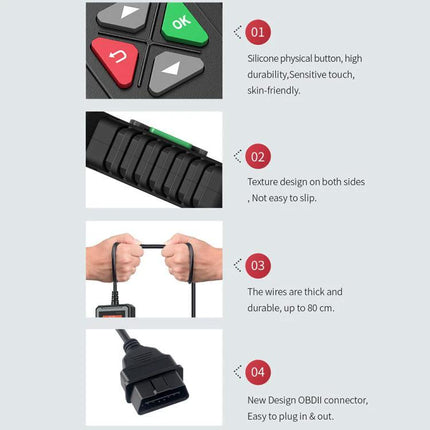 YA101 Code Reader for Everyday Vehicle Maintenance Checks showing OBD2 connector, textured grip, silicone buttons and durable 80cm cable