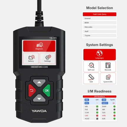 Handy Device for Everyday Car Maintenance and Diagnostics - OBD2 reader showing diagnostics screen and menu