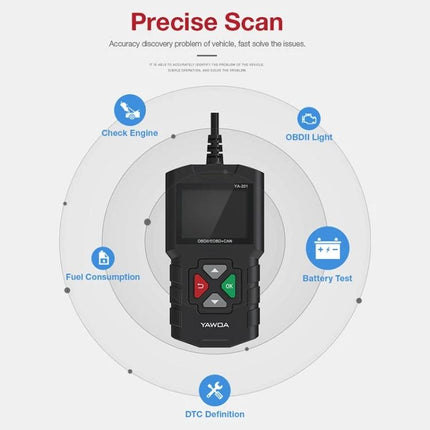 Handy Device for Everyday Car Maintenance and Diagnostics handheld OBD2 scanner showing check engine, battery test, fuel consumption and DTC definition