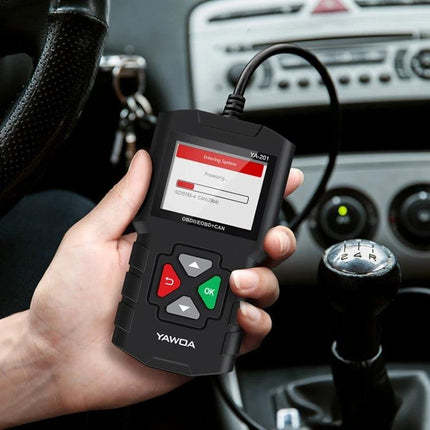 Handy Device for Everyday Car Maintenance and Diagnostics handheld OBD2 scanner plugged into car dashboard showing error code readout