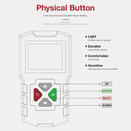 Handy Device for Everyday Car Maintenance and Diagnostics - handheld OBD2 reader with physical OK, UP, DOWN, BACK buttons showing layout and features