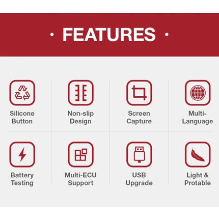 Handy Device for Everyday Car Maintenance and Diagnostics showing feature icons: silicone button, non-slip, screen capture, multi-language, battery testing, multi-ECU, USB upgrade, portable