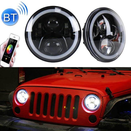 7 Inch LED Headlights For Jeep Wrangler And Harley - 7" CREE LED high/low beam headlights with halo ring on red Jeep and Bluetooth control