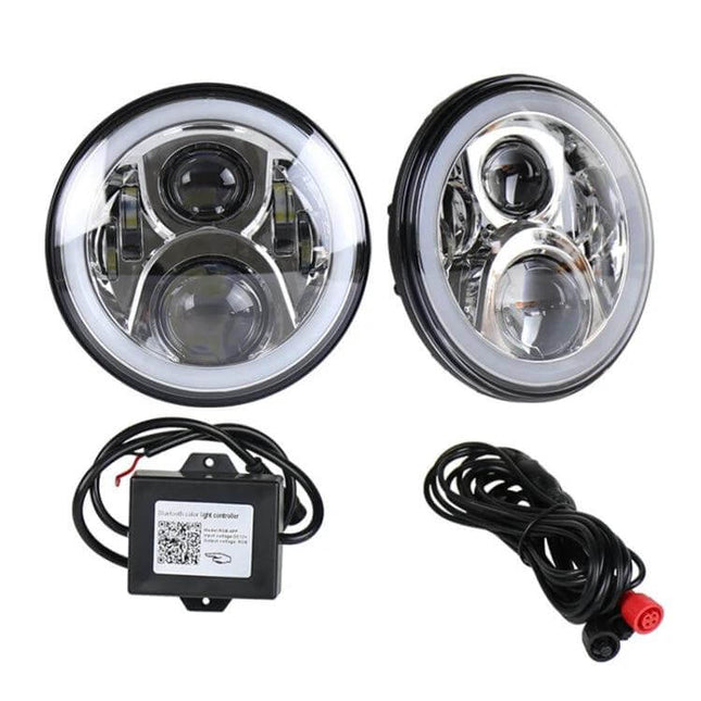 7 Inch LED Headlights For Jeep Wrangler And Harley - pair of 7" LED round headlights with wiring harness and controller, 50W CREE high/low beams