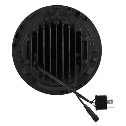 7 Inch LED Headlights For Jeep Wrangler And Harley - rear view of black 7-inch LED headlight with cooling fins and wiring harness