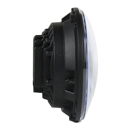 7 Inch LED Headlights For Jeep Wrangler And Harley side profile showing 7-inch CREE LED headlamp with black housing and clear lens