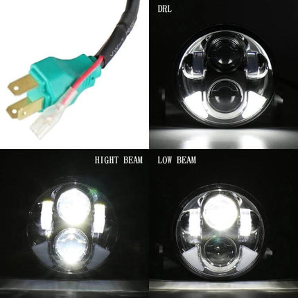 Car LED Headlight 5.75 Inch Ideal For Night Driving - round LED headlight showing high beam, low beam, DRL and wiring plug
