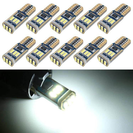 T10 Car Clearance Light With Decoder For Everyday Use compact 27x10x6 mm LED replacement showing lit and unlit bulbs