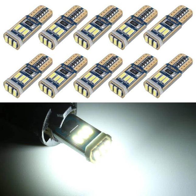T10 Car Clearance Light With Decoder For Everyday Use compact 27x10x6 mm LED replacement showing lit and unlit bulbs
