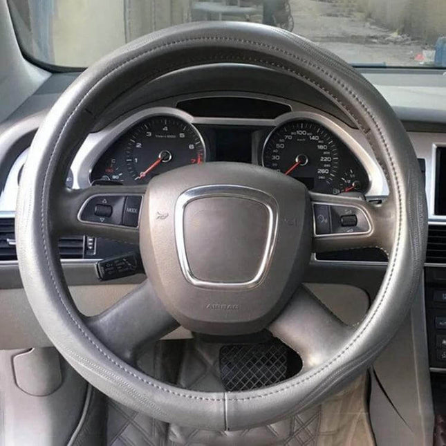Genuine Leather Car Steering Wheel Cover, 38cm Diameter on grey steering wheel improving grip and protection