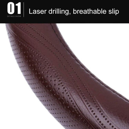 Genuine Leather Car Steering Wheel Cover, 38cm Diameter - brown perforated laser-drilled breathable grip