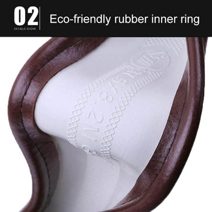 Genuine Leather Car Steering Wheel Cover, 38cm Diameter - close-up of brown leather exterior and eco-friendly white rubber inner ring
