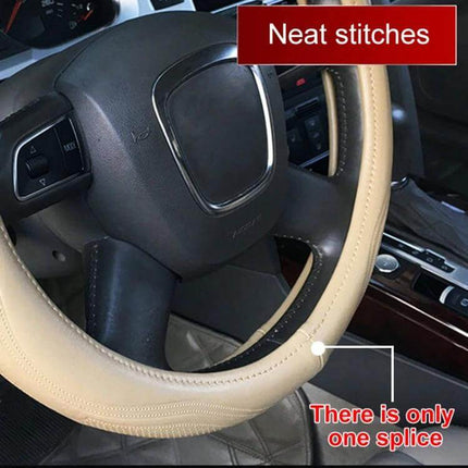 Genuine Leather Car Steering Wheel Cover, 38cm Diameter beige with neat stitches and single splice installed on steering wheel