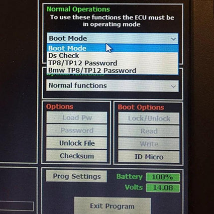 Car Diagnostic Tool for Everyday Vehicle Maintenance showing ECU boot mode menu, error code checks and battery status on a diagnostic screen