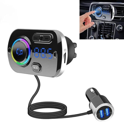 Car Bluetooth MP3 Player And FM Transmitter With Voice Assistant showing LED display, USB ports, TF slot and hands-free controls for car stereo