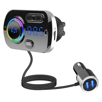 Car Bluetooth MP3 Player And FM Transmitter With Voice Assistant plugged into car socket showing LED display, colorful music ring and dual USB charger