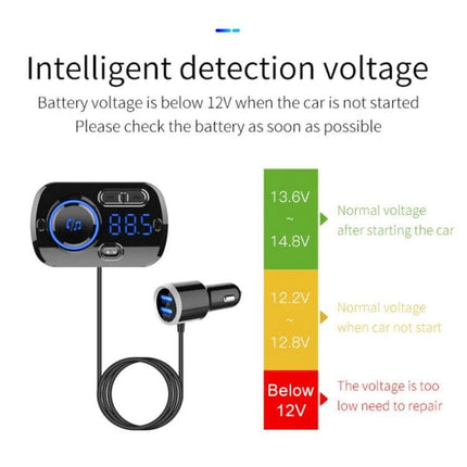 Car Bluetooth MP3 Player And FM Transmitter With Voice Assistant showing intelligent detection voltage display and wired cigarette adapter