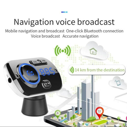 Car Bluetooth MP3 Player And FM Transmitter With Voice Assistant shown broadcasting navigation voice prompts and streaming music in car