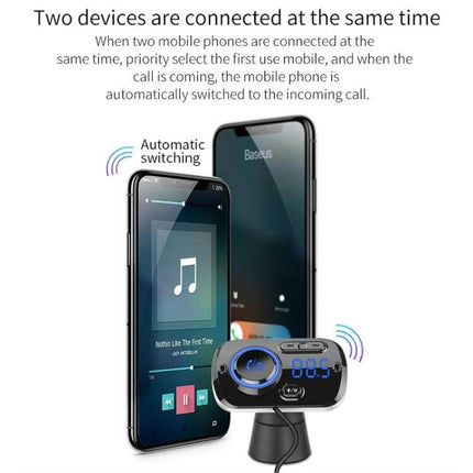 Car Bluetooth MP3 Player And FM Transmitter With Voice Assistant showing two phones connected and automatic switching for calls and music