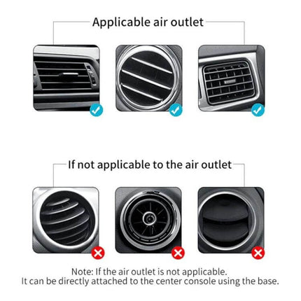 Car Bluetooth MP3 Player And FM Transmitter With Voice Assistant showing compatible vs incompatible car air vent types for mounting