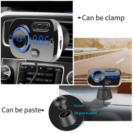 Car Bluetooth MP3 Player And FM Transmitter With Voice Assistant mounted on car dash, USB/TF support and clamp or adhesive installation