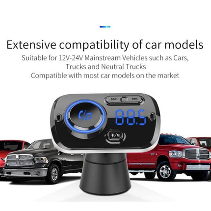 Car Bluetooth MP3 Player And FM Transmitter With Voice Assistant mounted in car with trucks in background, 12V–24V compatibility and LED display