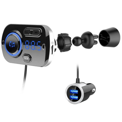 Car Bluetooth MP3 Player And FM Transmitter With Voice Assistant showing digital display, control buttons, USB port and car charger adapter