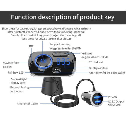 Car Bluetooth MP3 Player And FM Transmitter With Voice Assistant front view showing display, controls, TF slot, AUX port and USB QC3.0 car charger