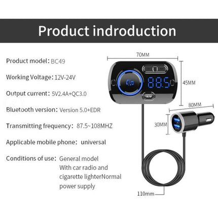Car Bluetooth MP3 Player And FM Transmitter With Voice Assistant plugged into car cigarette lighter showing LED display and measurements