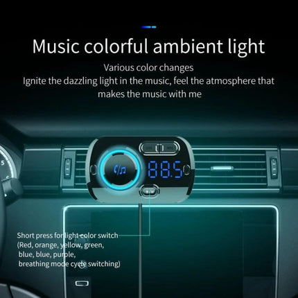 Car Bluetooth MP3 Player And FM Transmitter With Voice Assistant showing colorful ambient light, digital display and USB/TF music options for hands-free car use