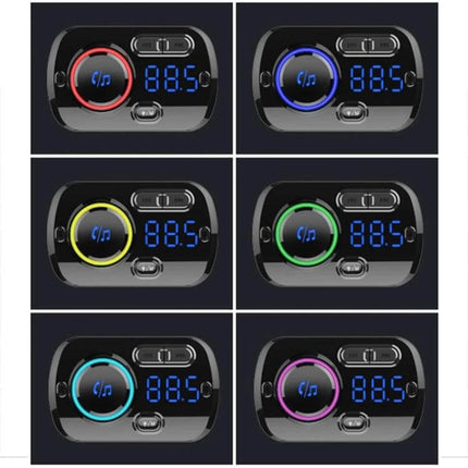 Car Bluetooth MP3 Player And FM Transmitter With Voice Assistant showing six color LED ring variations and digital 88.5 display for in-car music and calls