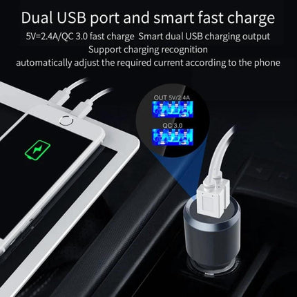 Car Bluetooth MP3 Player And FM Transmitter With Voice Assistant showing dual USB port QC3.0 fast charge in car charging two devices