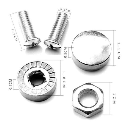 Anti Theft License Plate Screws 10 Sets Durable Metal - zinc alloy tamper-resistant screws, caps and nuts shown with dimensions